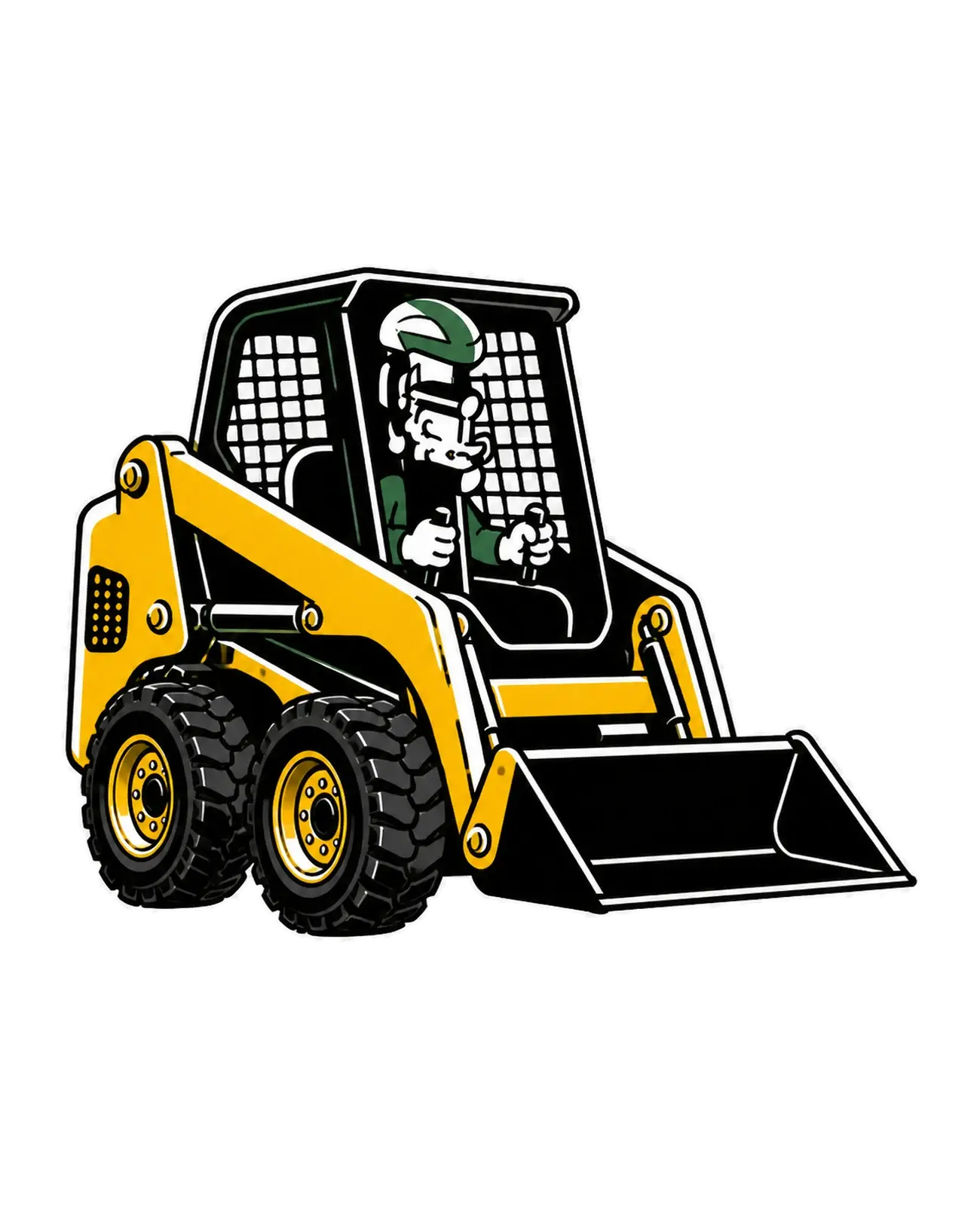Property Works mascot operating a yellow compact wheeled skid steer
