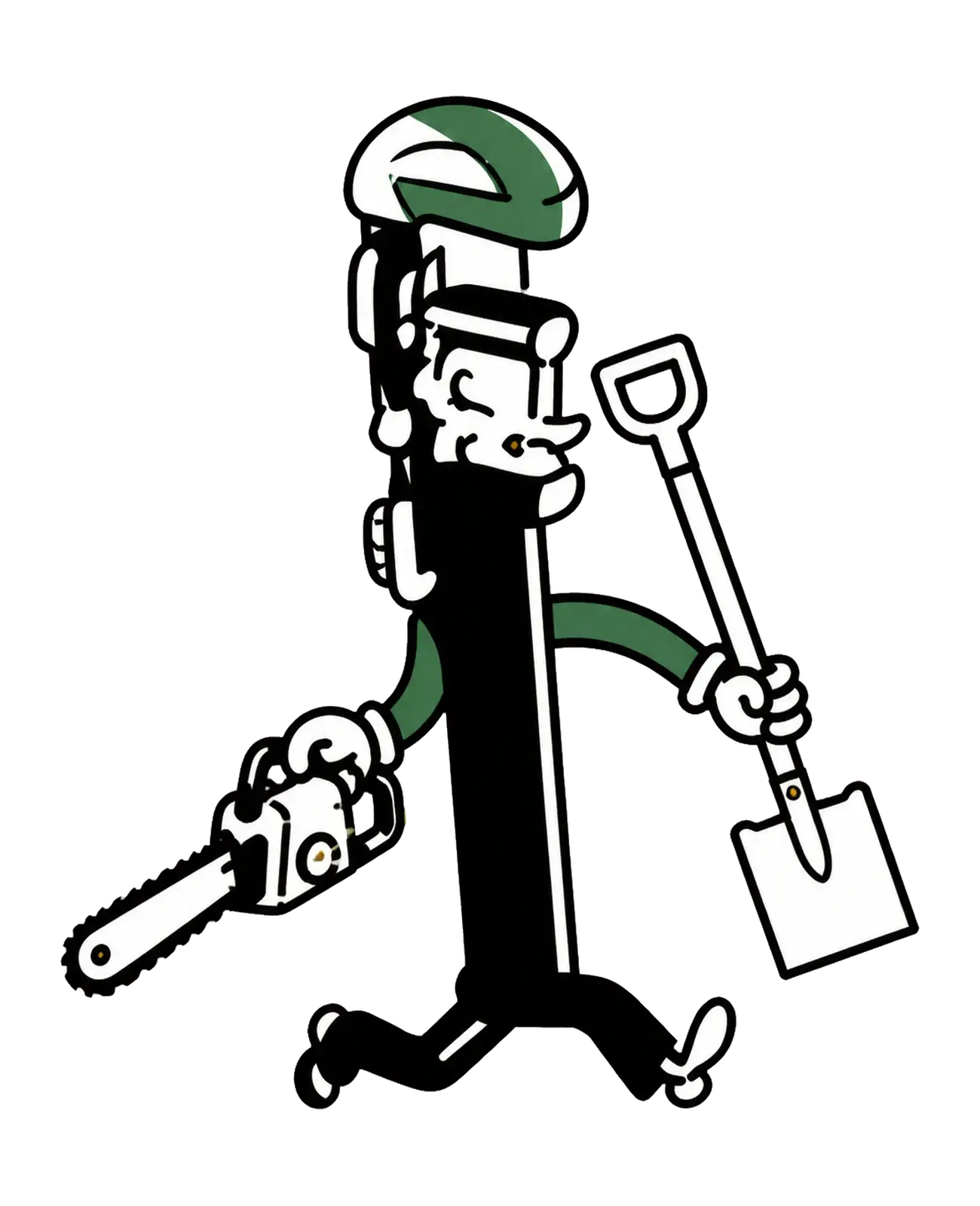 Pipewrench Man carrying a chainsaw and shovel