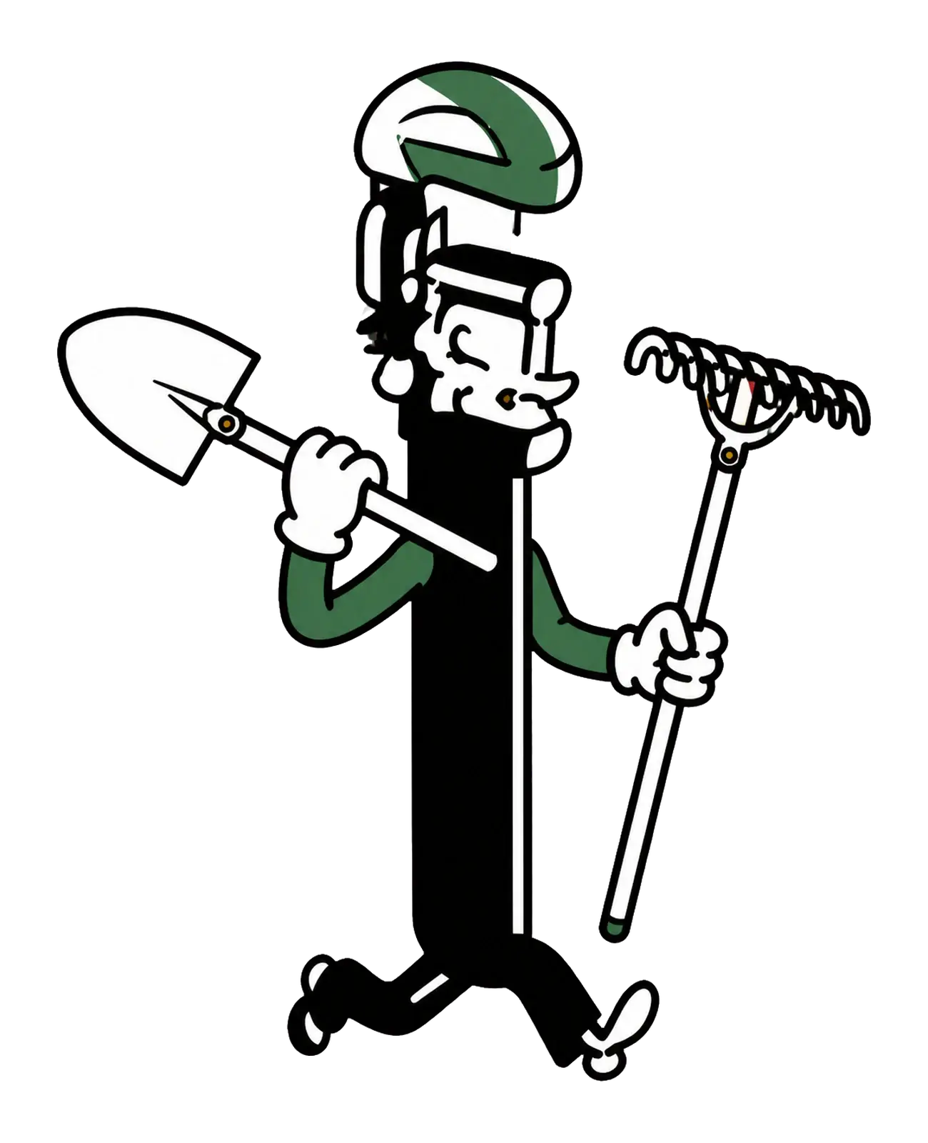 Pipewrench Man carrying a shovel and rake