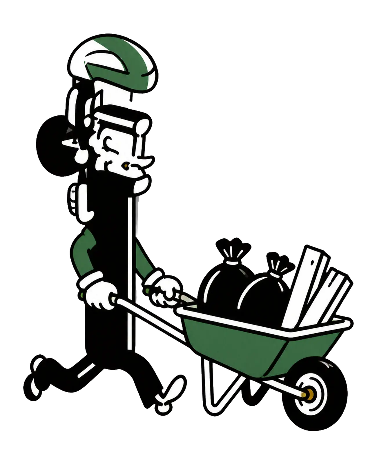 Pipewrench Man pushing a wheelbarrow of cleanup debris