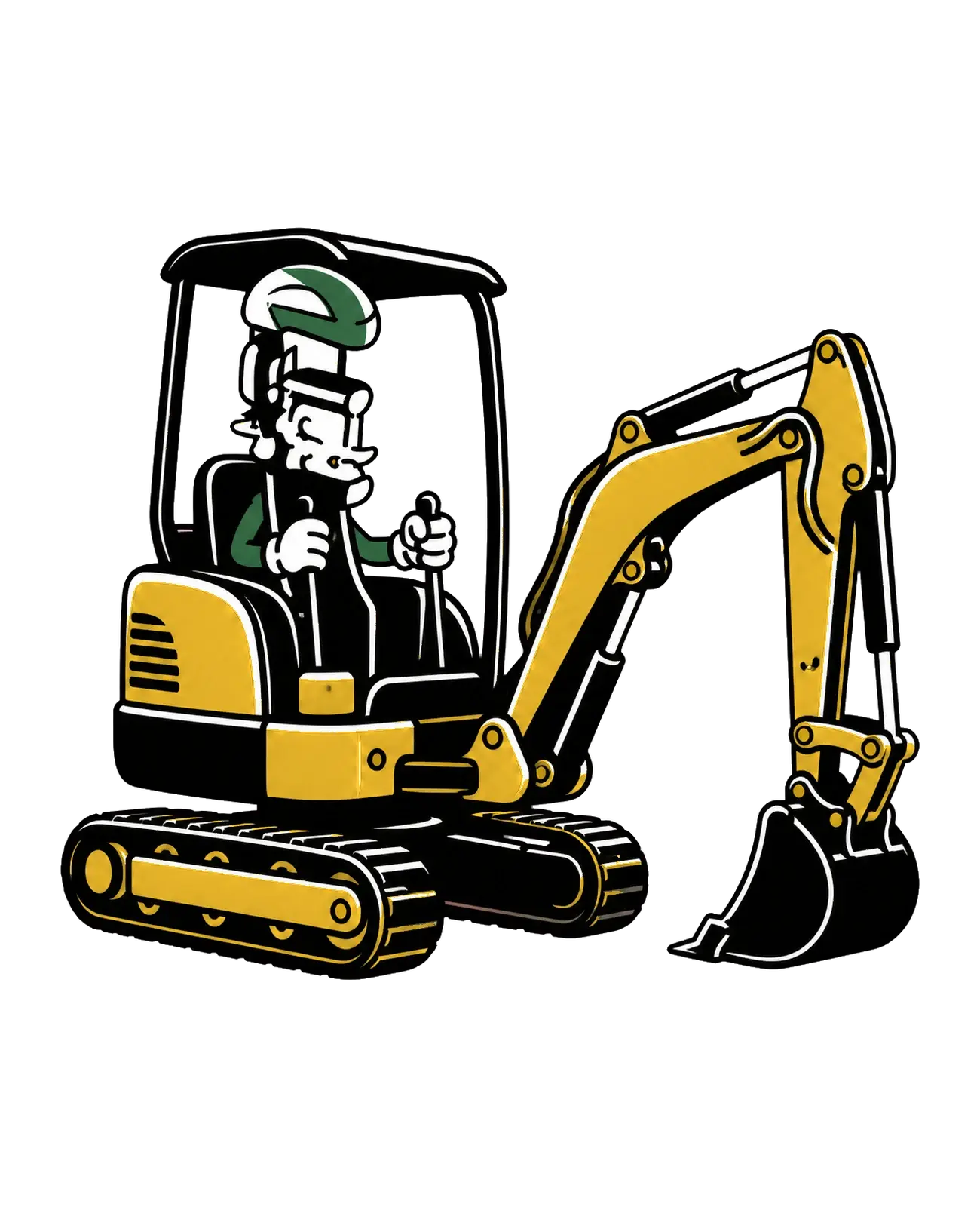 Property Works mascot operating a yellow tracked mini excavator