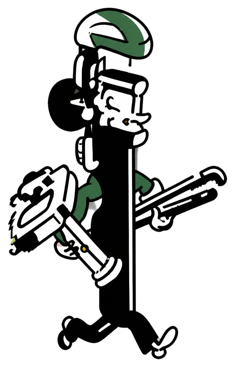 Pipewrench Man, the Yampa Basin Property Works mascot, carrying a pipe wrench and circular saw